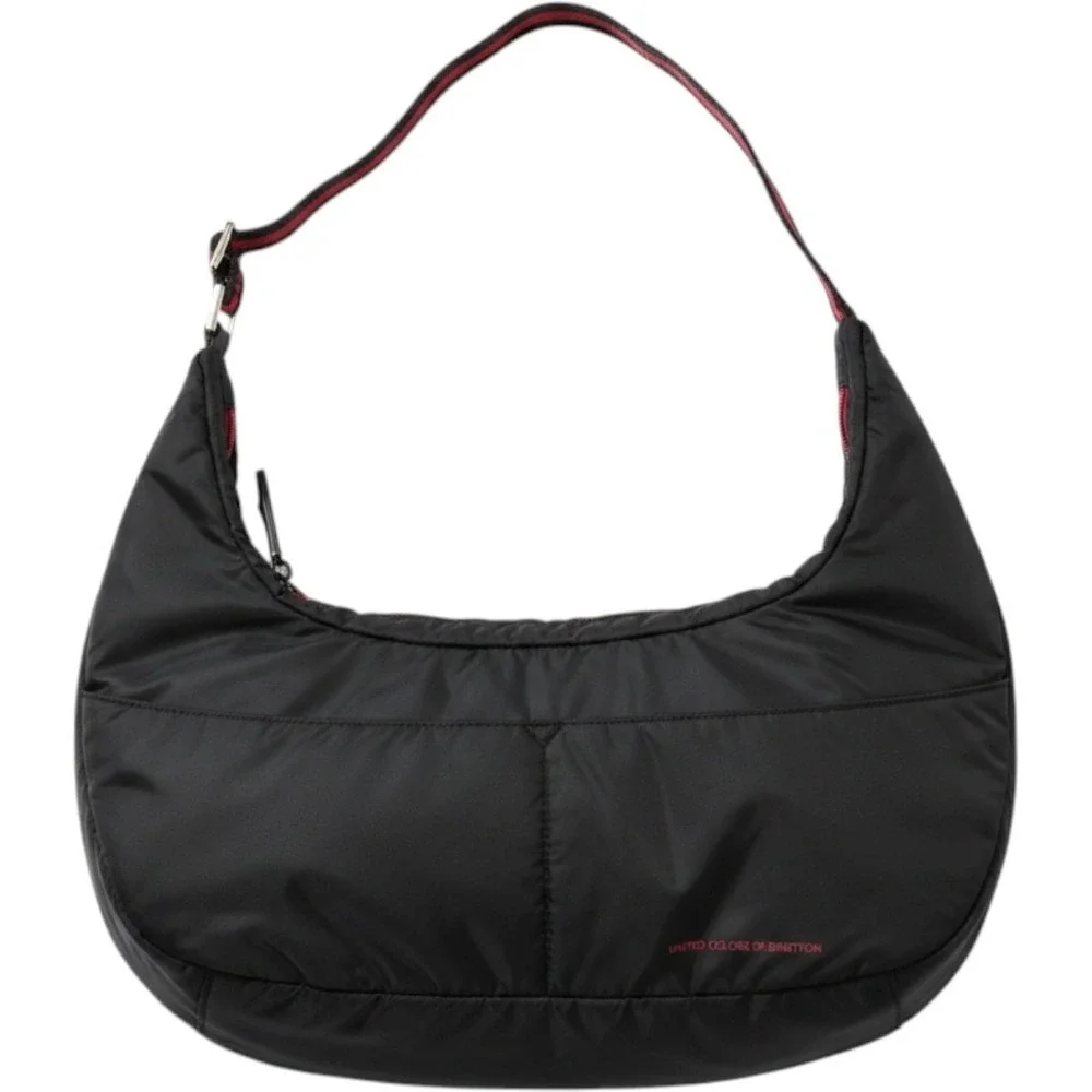 United Colors of Benetton Black Nylon Puffer Hobo Bag Red Striped Strap Y2K